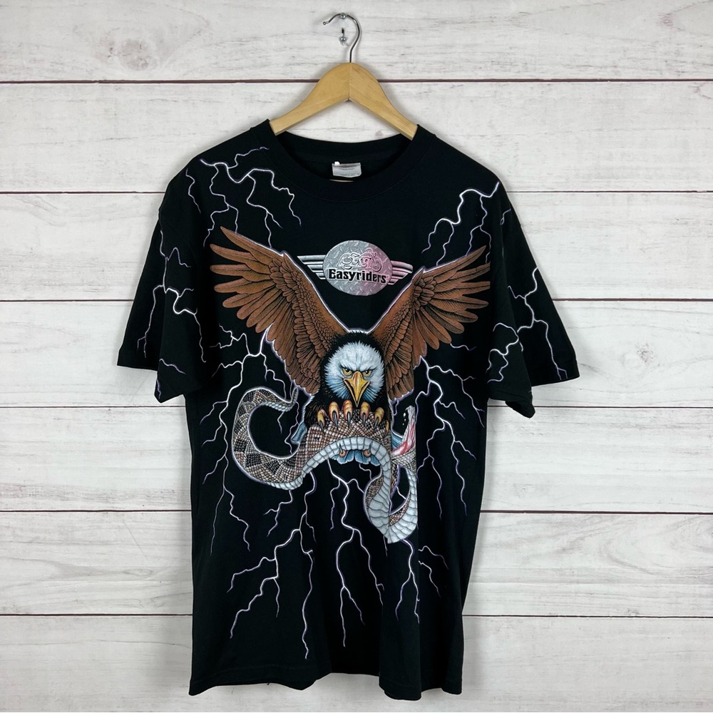 Vintage 90s Easyriders Thunder Lightning Biker AOP T Shirt Large